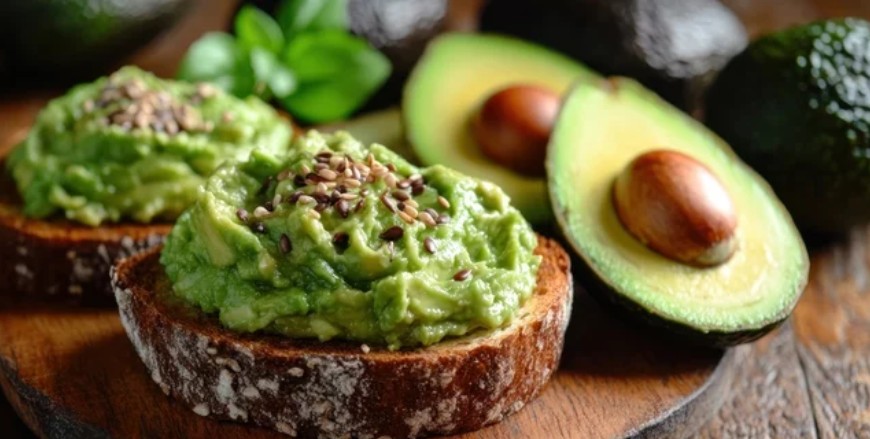 Avocado on Toast alongside Two Avocado Halves