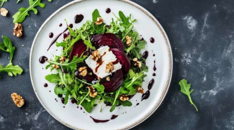 Beetroot salad with goats cheese and rocket.