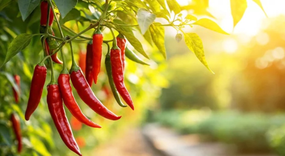 A chilli plantation with red and green chillies in the foreground.