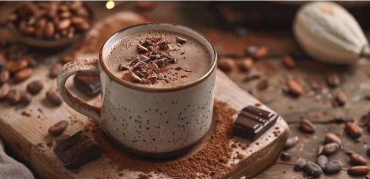 A mug of hot chocolate alongside cocoa powder and dark chocolate.