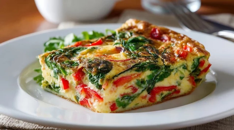 Quiche containing spinach and tomato.