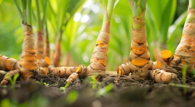 Turmeric roots in soil.