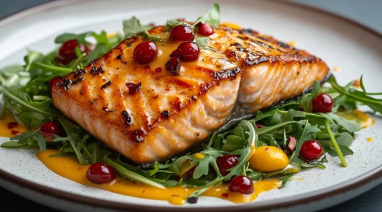 Grilled fish with cranberries on a bed of rocket