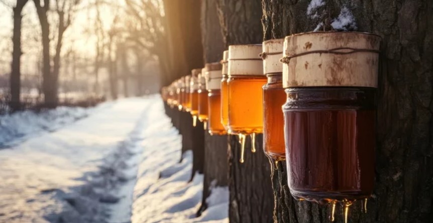 Maple syrup being tapped from maple trees