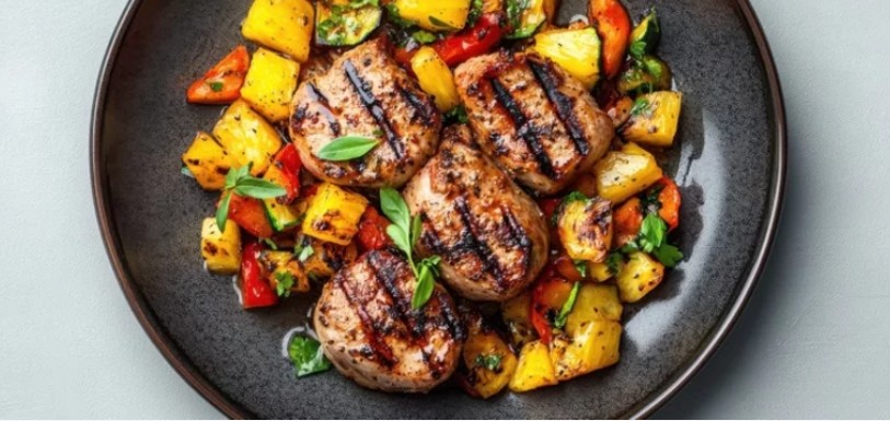 Cooked pineapple with chicken skewers