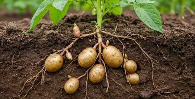 Potato plant with a view of the potatoes growing underground